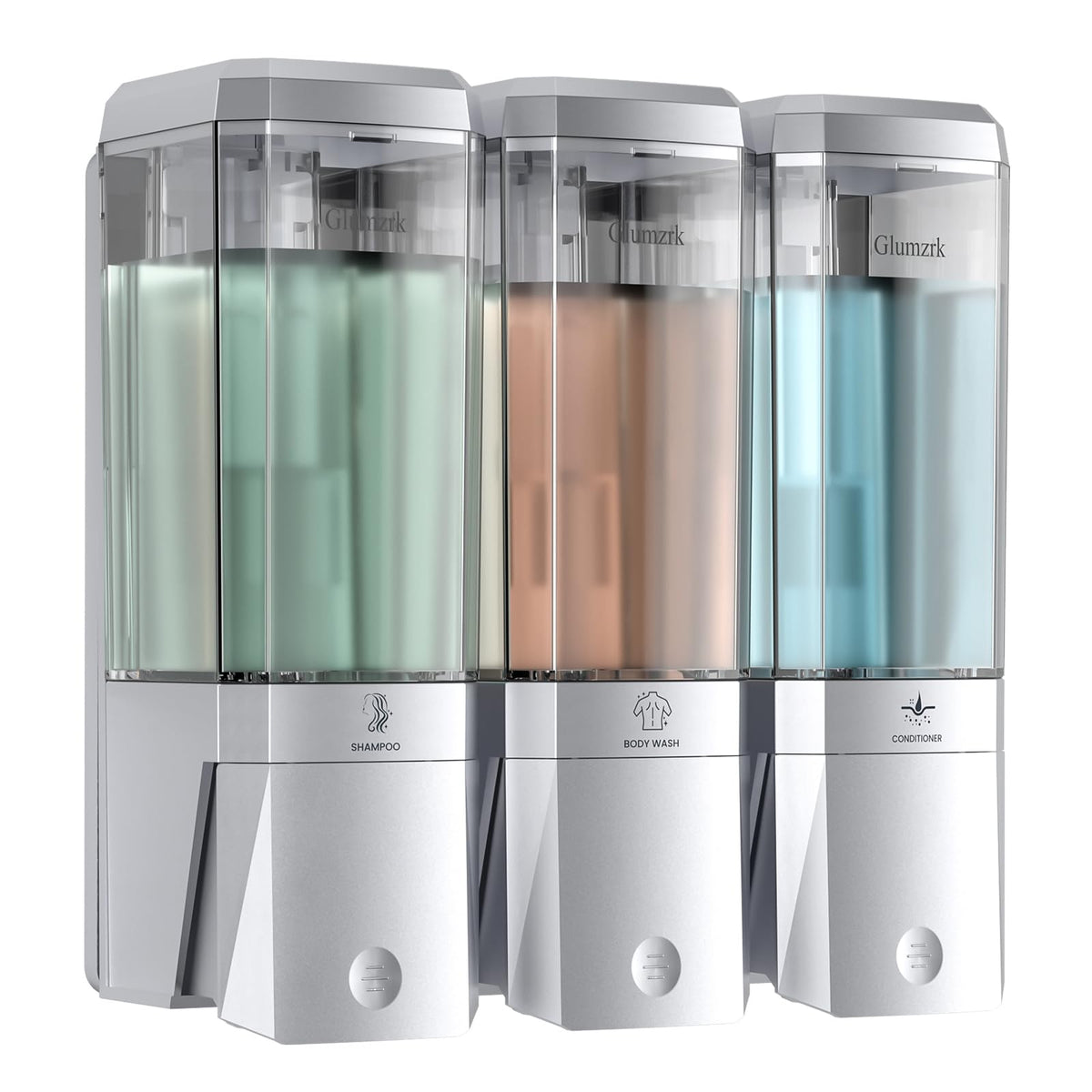 Glumzrk three-chamber shampoo dispenser keeps shower essentials organized.