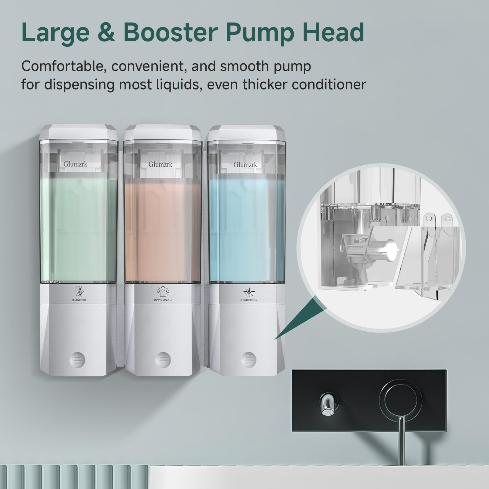 Glumzrk dispenser features a clear visibility window for liquid level.
