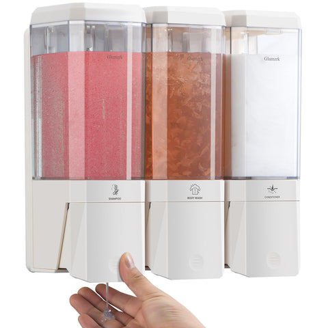 Glumzrk three-chamber wall-mounted shampoo dispenser keeps shower essentials organized.