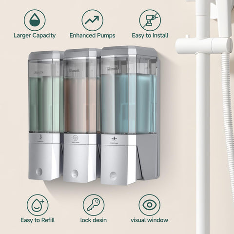 Glumzrk wall-mounted no-drill dispenser saves counter space.