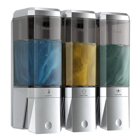 Glumzrk wall-mounted shampoo dispenser overview showing space-saving design for a cleaner shower