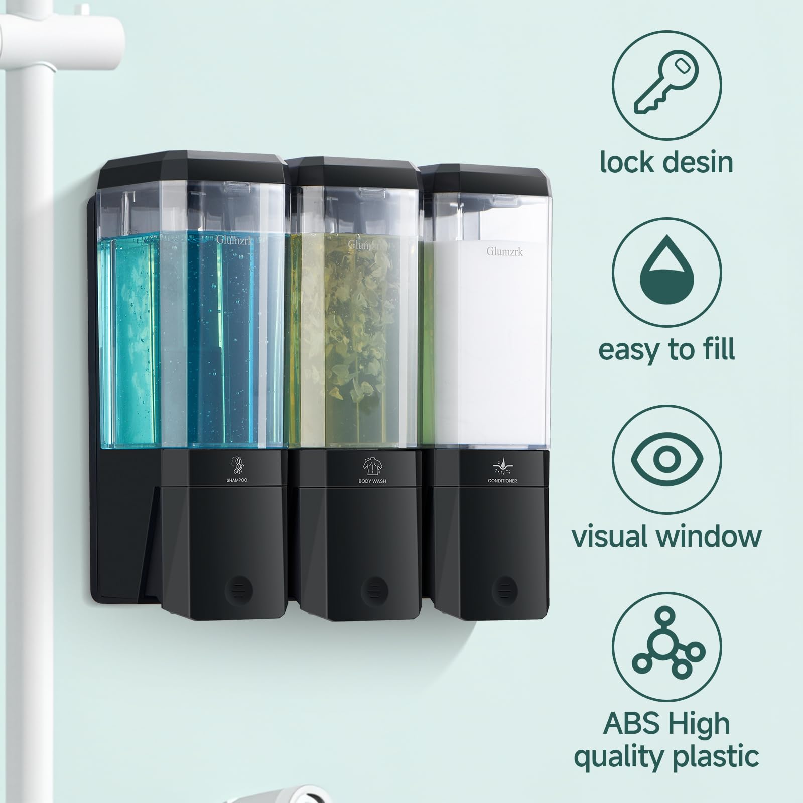 Glumzrk wall-mounted shower dispenser installed to save bathroom counter space