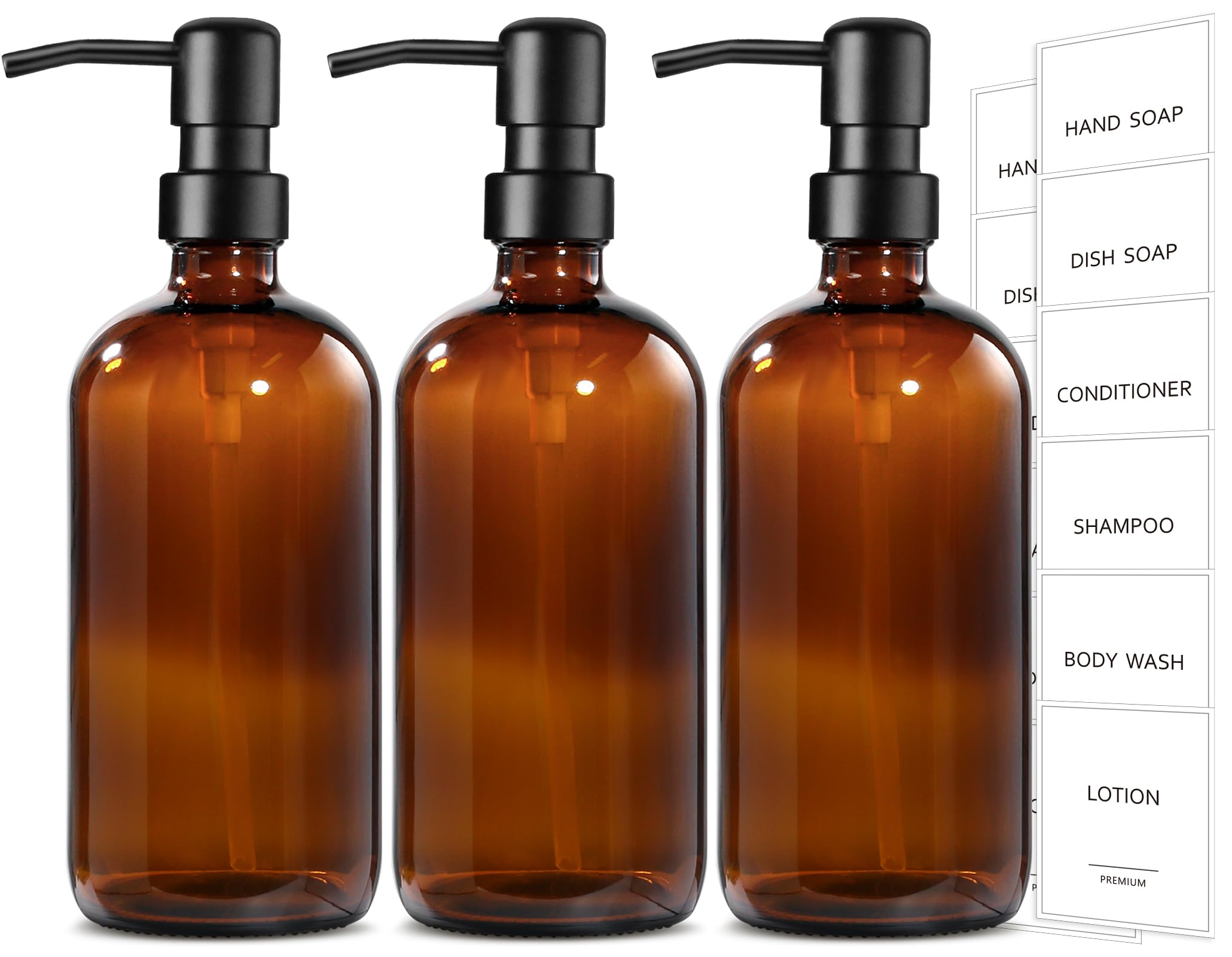 GMISUN amber glass dispenser trio on bathroom vanity showing round shape and warm color