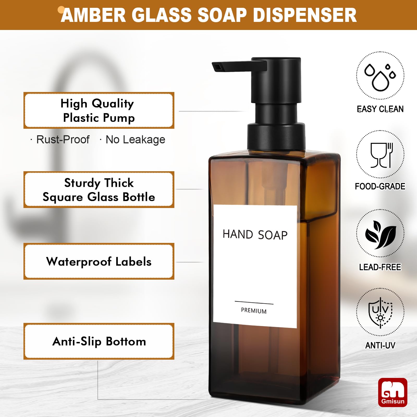 GMISUN pump action dispenser delivers measured soap.