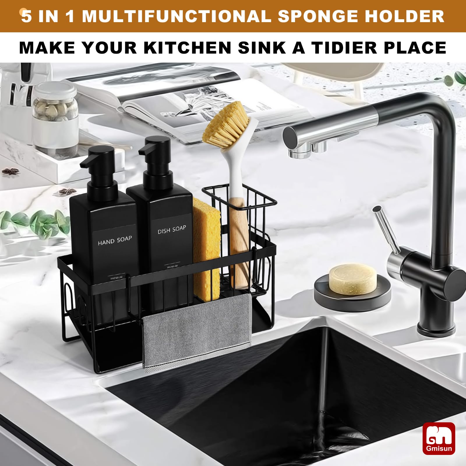 GMISUN removable brush holder and rag rack simplify sink area organization.