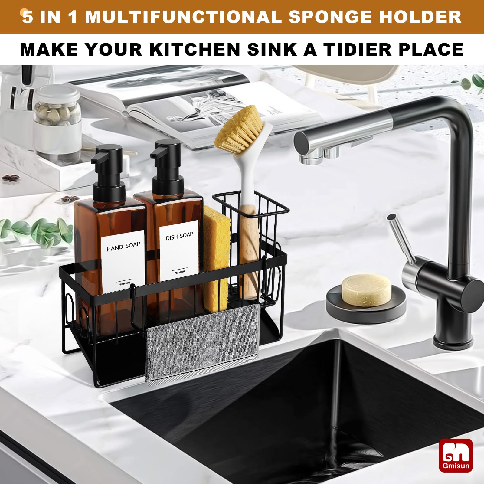 GMISUN sponge holder with automatic drainage keeps sink area dry.