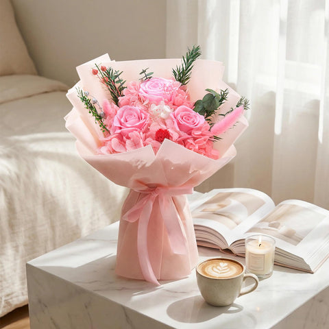 Gnifot handmade arrangement with roses and hydrangeas for premium home decor