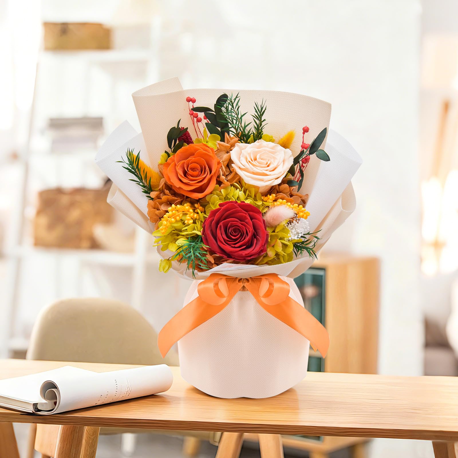 Gnifot preserved flowers bouquet handmade arrangement featuring roses and hydrangeas.
