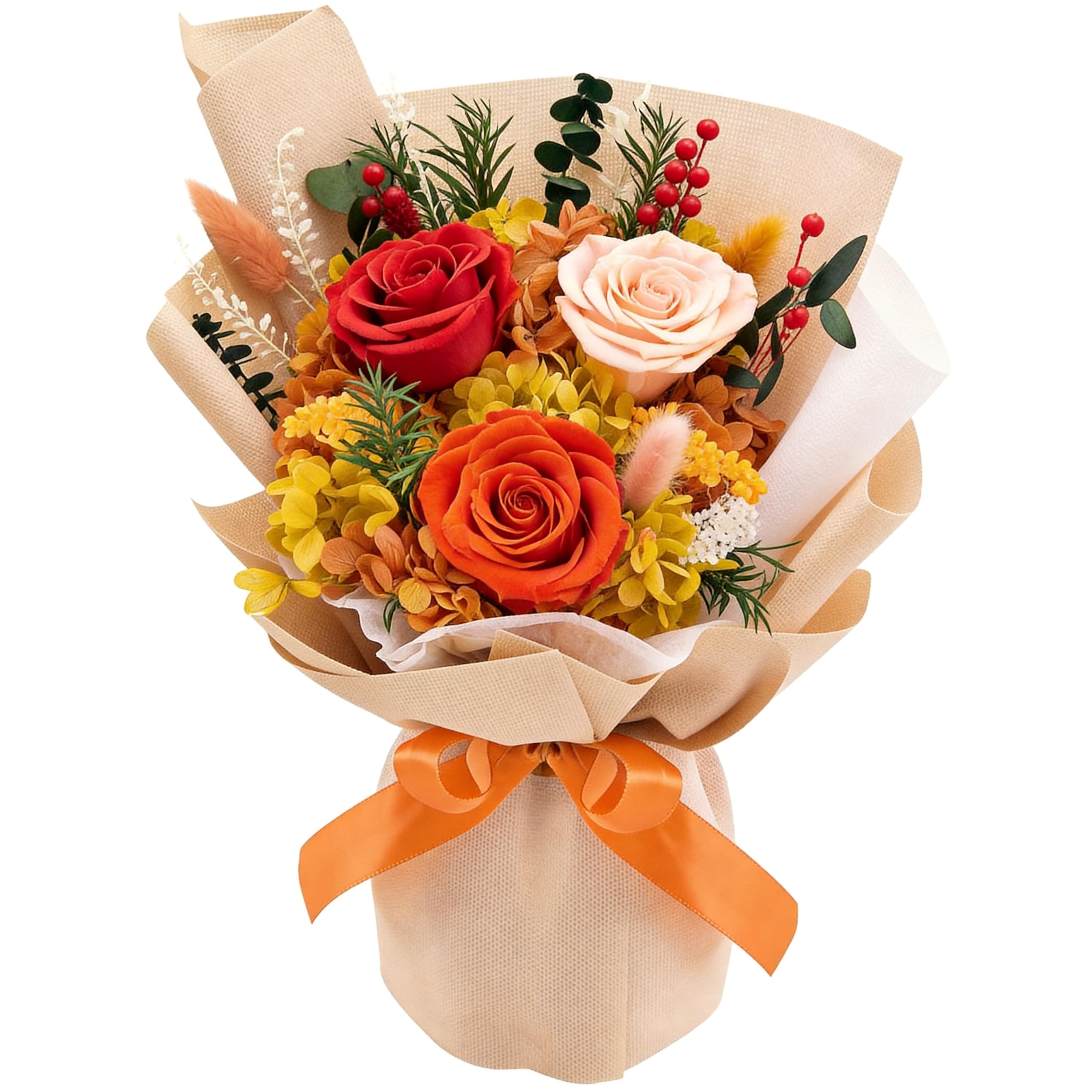 Gnifot preserved flowers bouquet orange rose displayed as a lasting centerpiece.