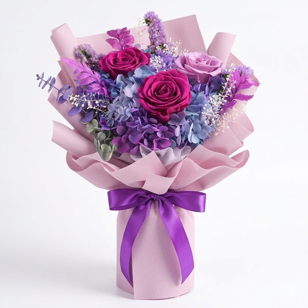 Gnifot preserved roses bouquet in purple, vibrant for years without water or sun.