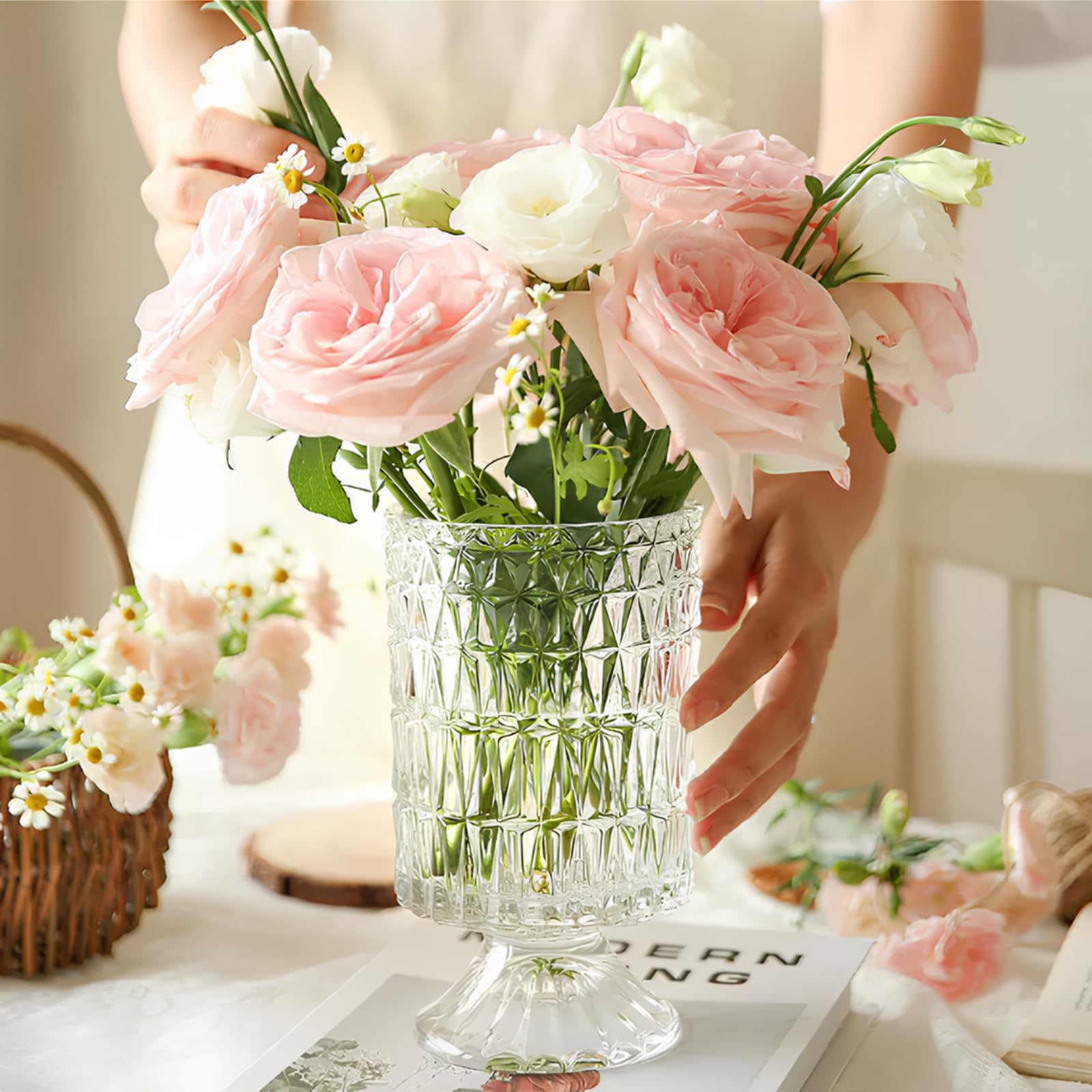Goaste embossed vase 7-inch elegant transparency amplifies light.