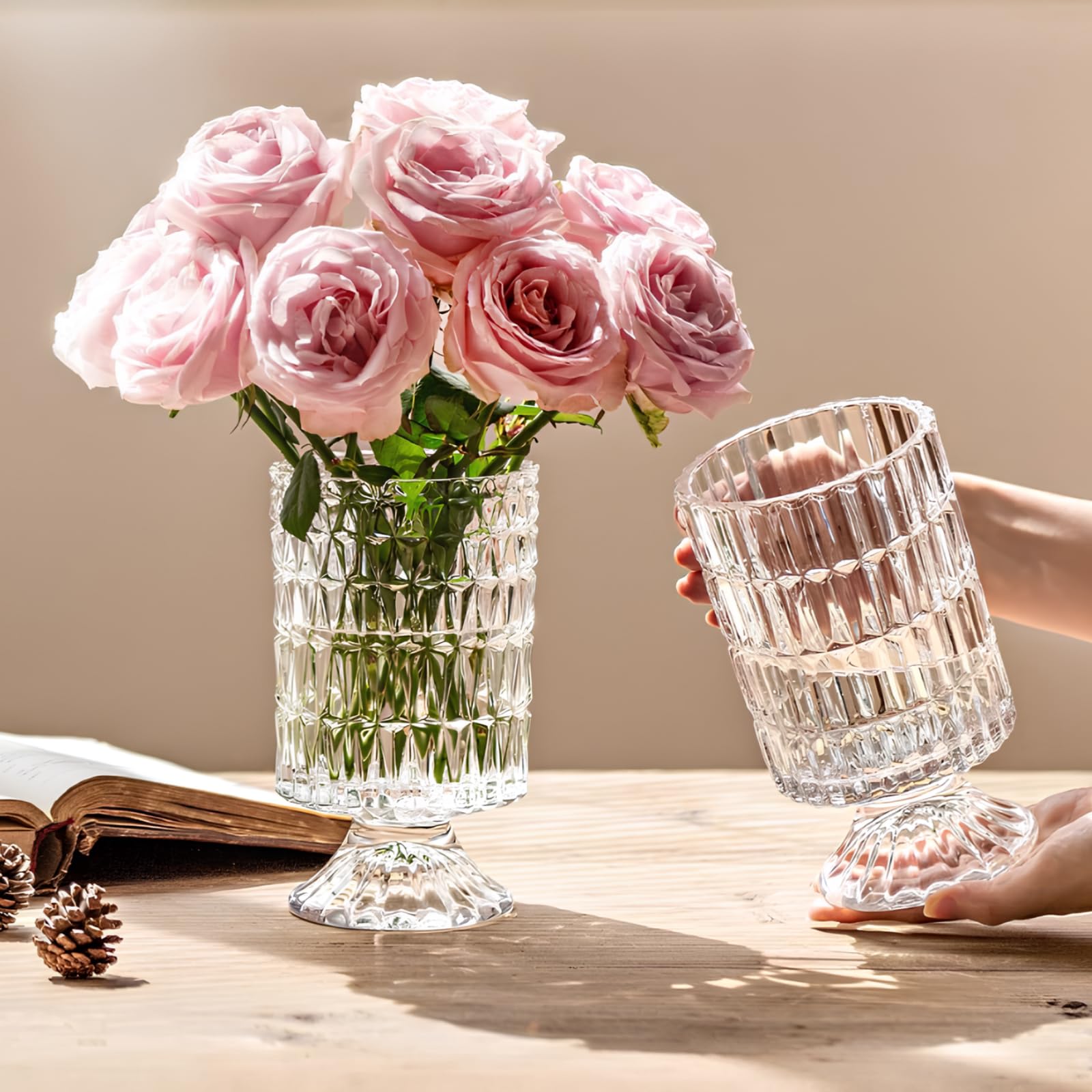 Goaste embossed vase 7-inch clear glass complements bright blooms.
