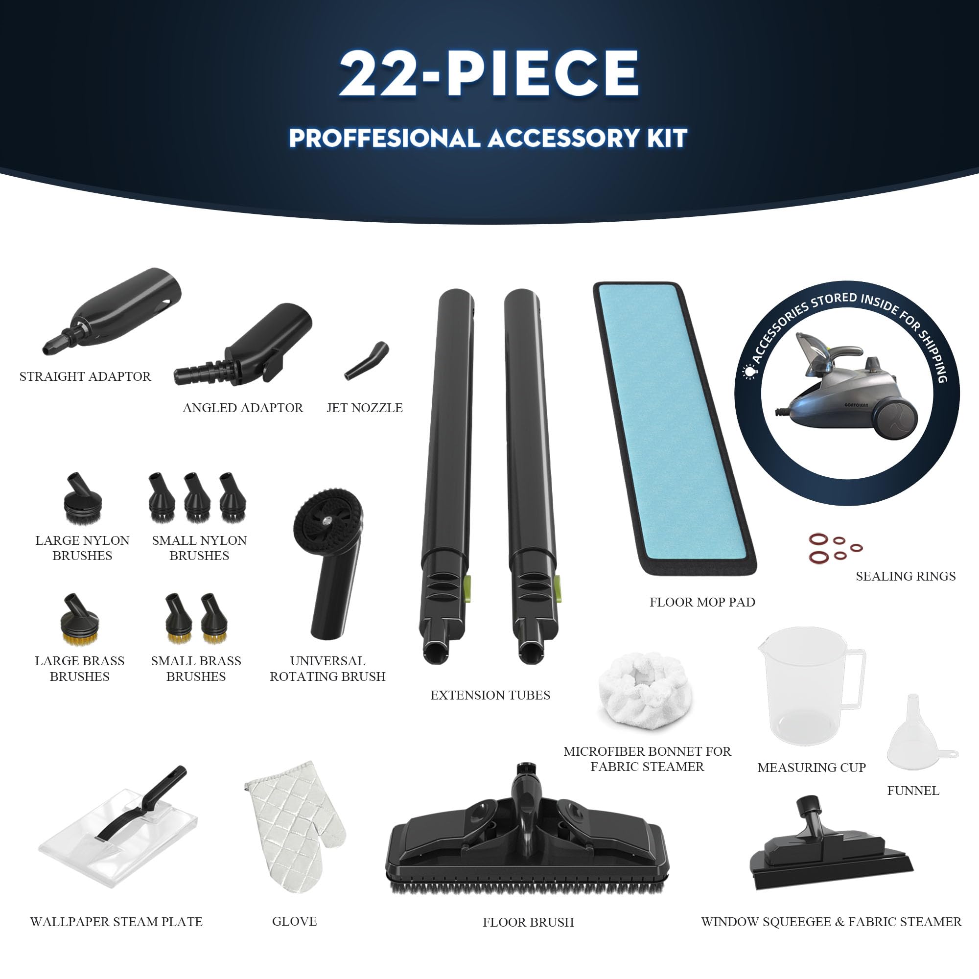 GOATCLEAN 22-piece accessory kit laid out for versatile surfaces and tasks.