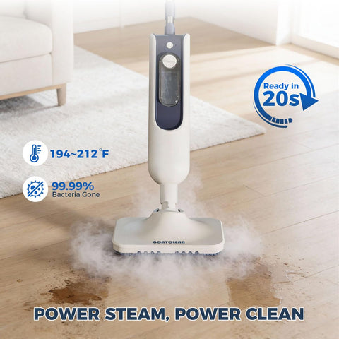 GOATCLEAN quick-heat steam mop ready in 20 seconds for fast refresh.