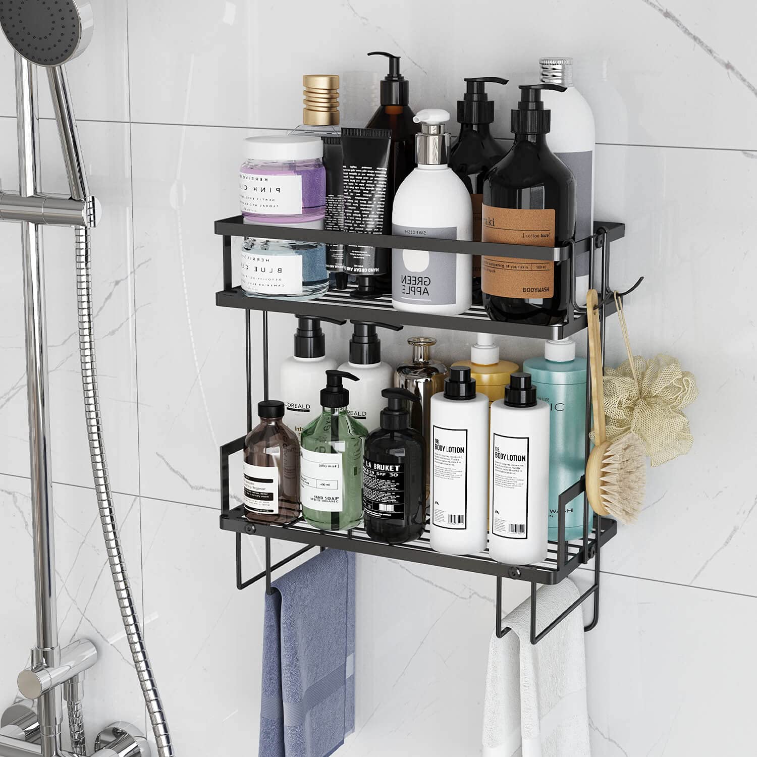 Godboat hooks and paper-holder keep towels within easy reach.