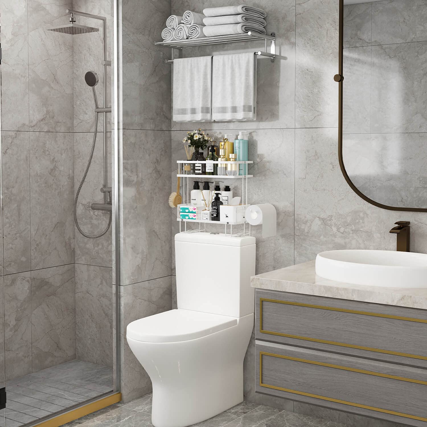 Godboat 2-tier floating shelves store toiletries within reach.