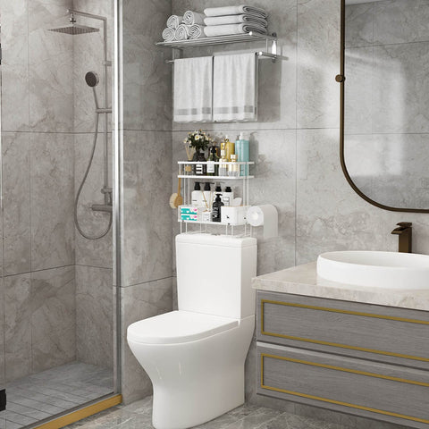 Godboat 2-tier floating shelves store toiletries within reach.