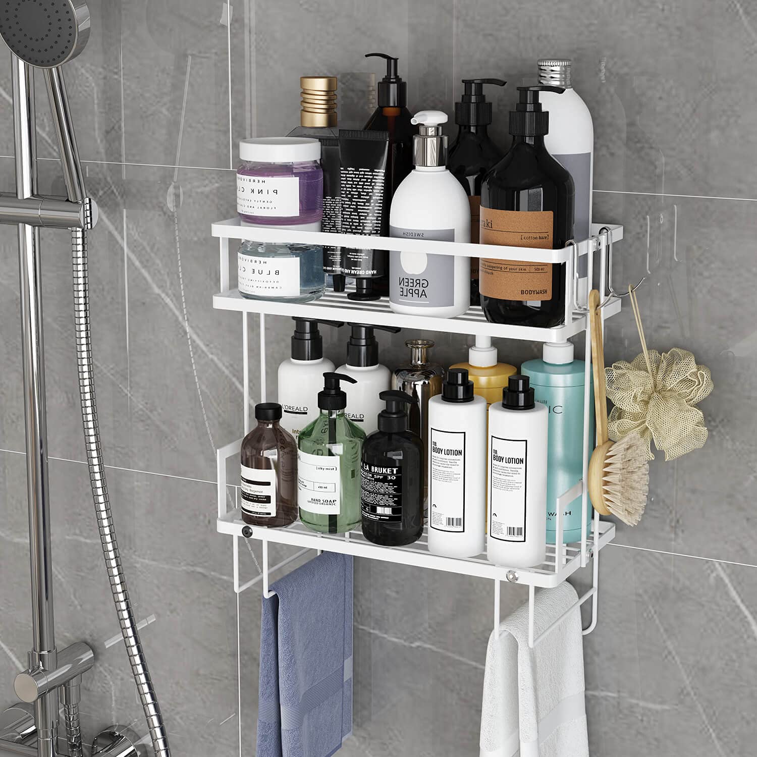 Godboat wall shelf with two hooks organizes towels and accessories stylishly.