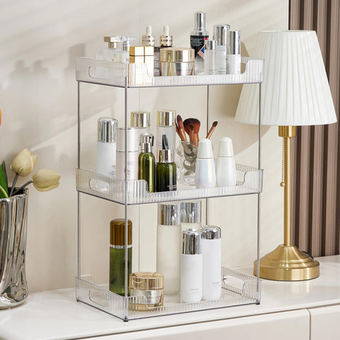 Goderewild 3-tier bathroom counter organizer demonstrates elegant space-saving vanity storage for cosmetics.