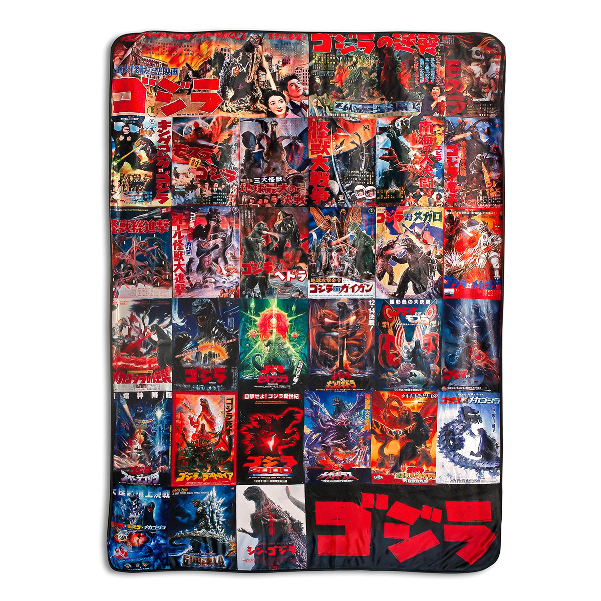 Godzilla poster oversized plush throw showcases iconic collage for cozy movie nights.