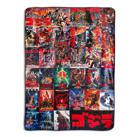 Godzilla poster oversized plush throw showcases iconic collage for cozy movie nights.