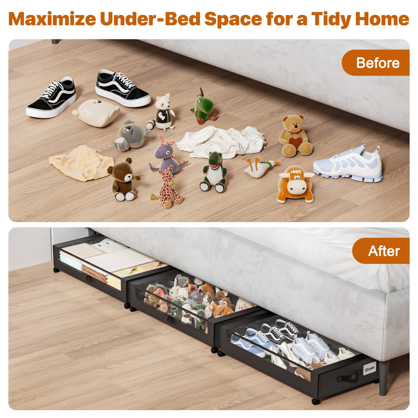 GoFujuco 2-pack under-bed storage set helps organize bedrooms efficiently.