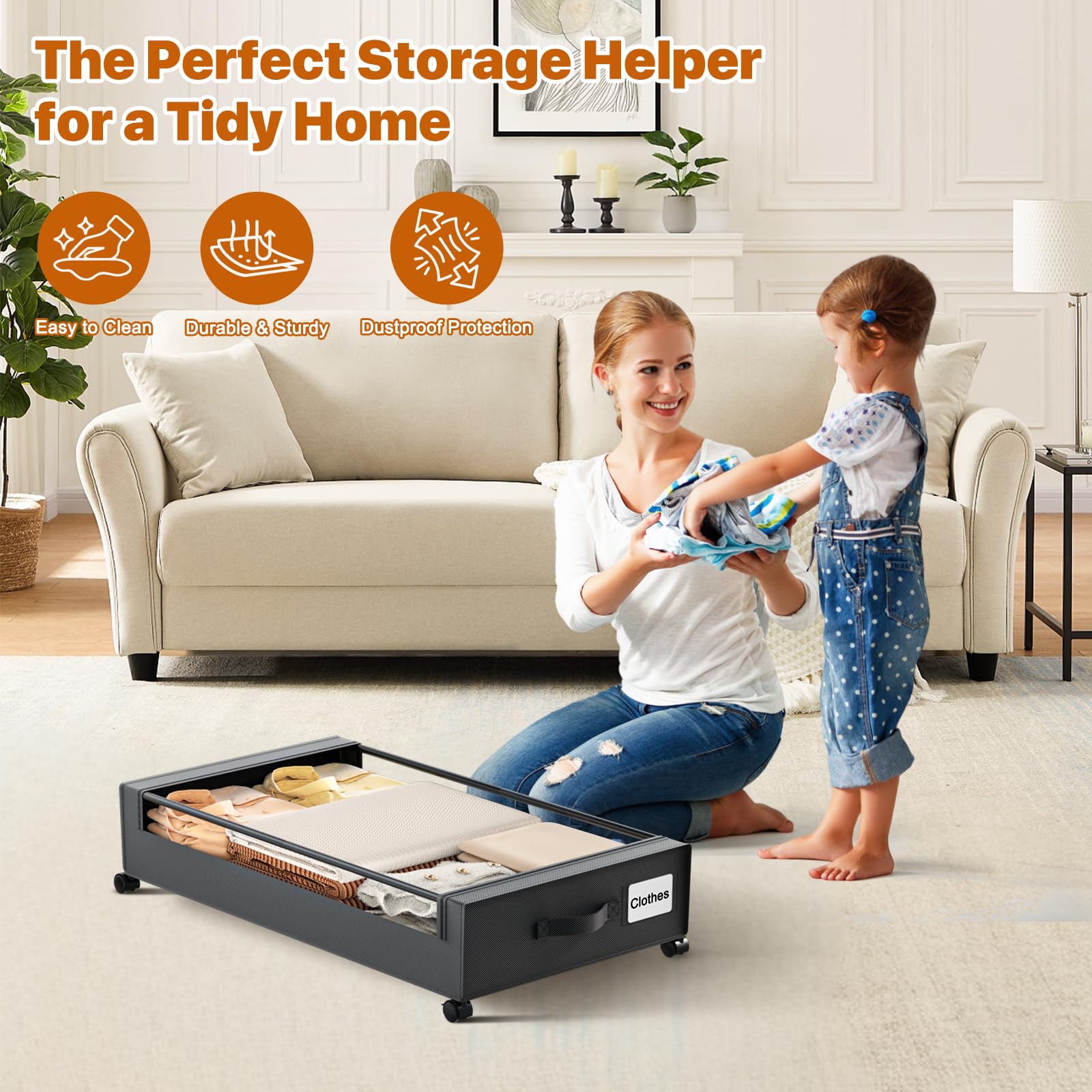 GoFujuco under-bed storage with side handles for easy sliding from under furniture.