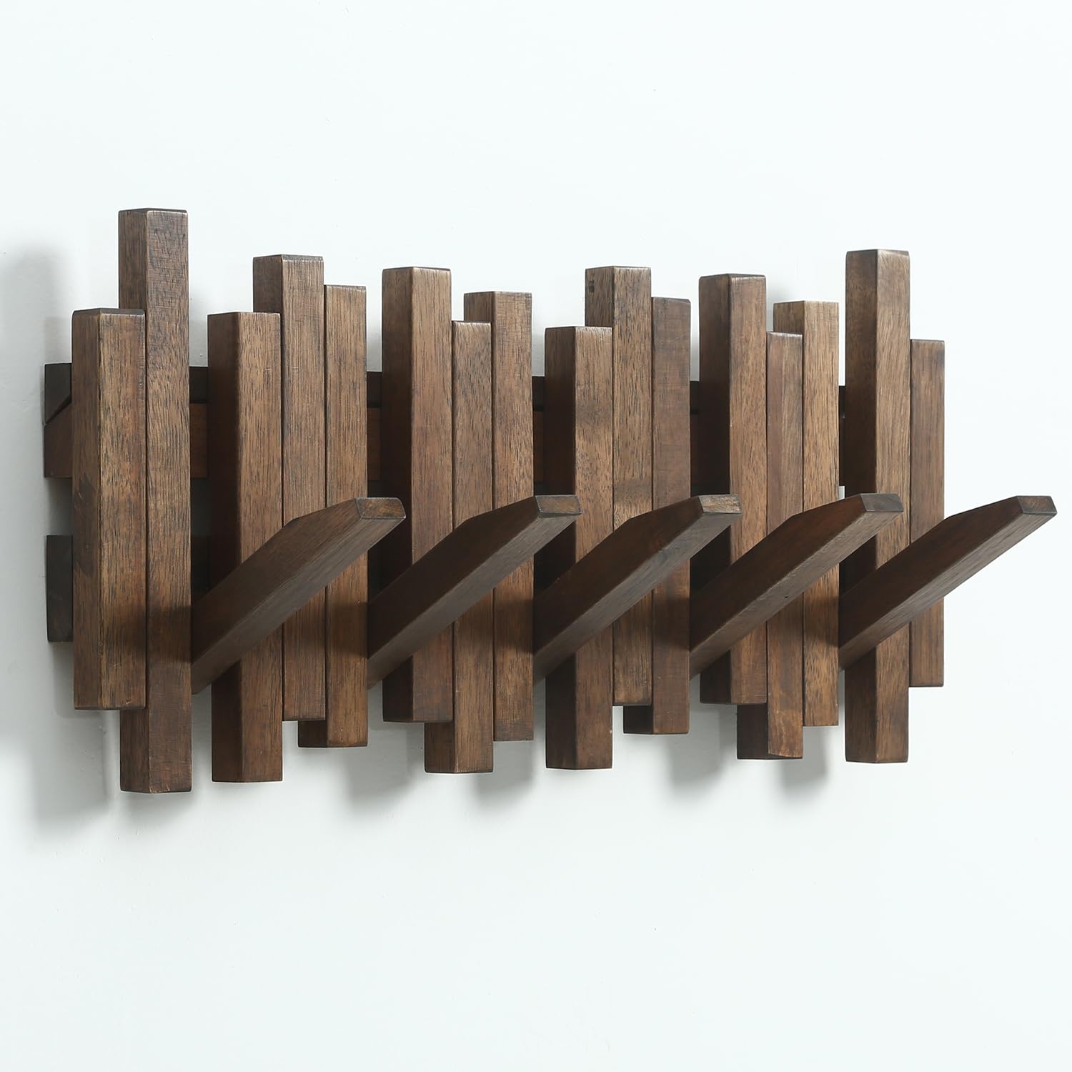 GOGREEBELL natural wood coat rack with flip-down hooks for space-saving entryway storage.