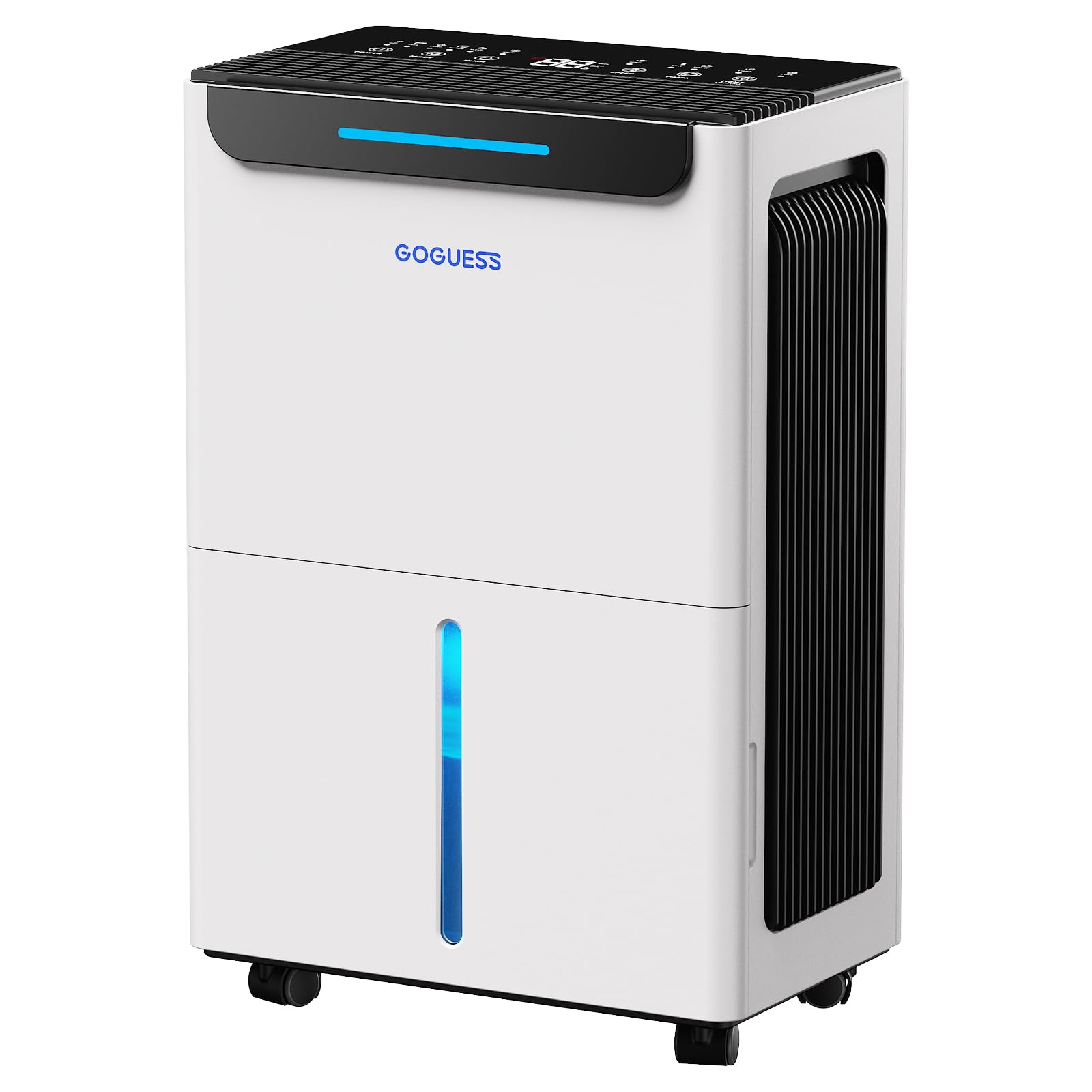GoGuess basement dehumidifier showing 21-pint capacity for basement moisture control