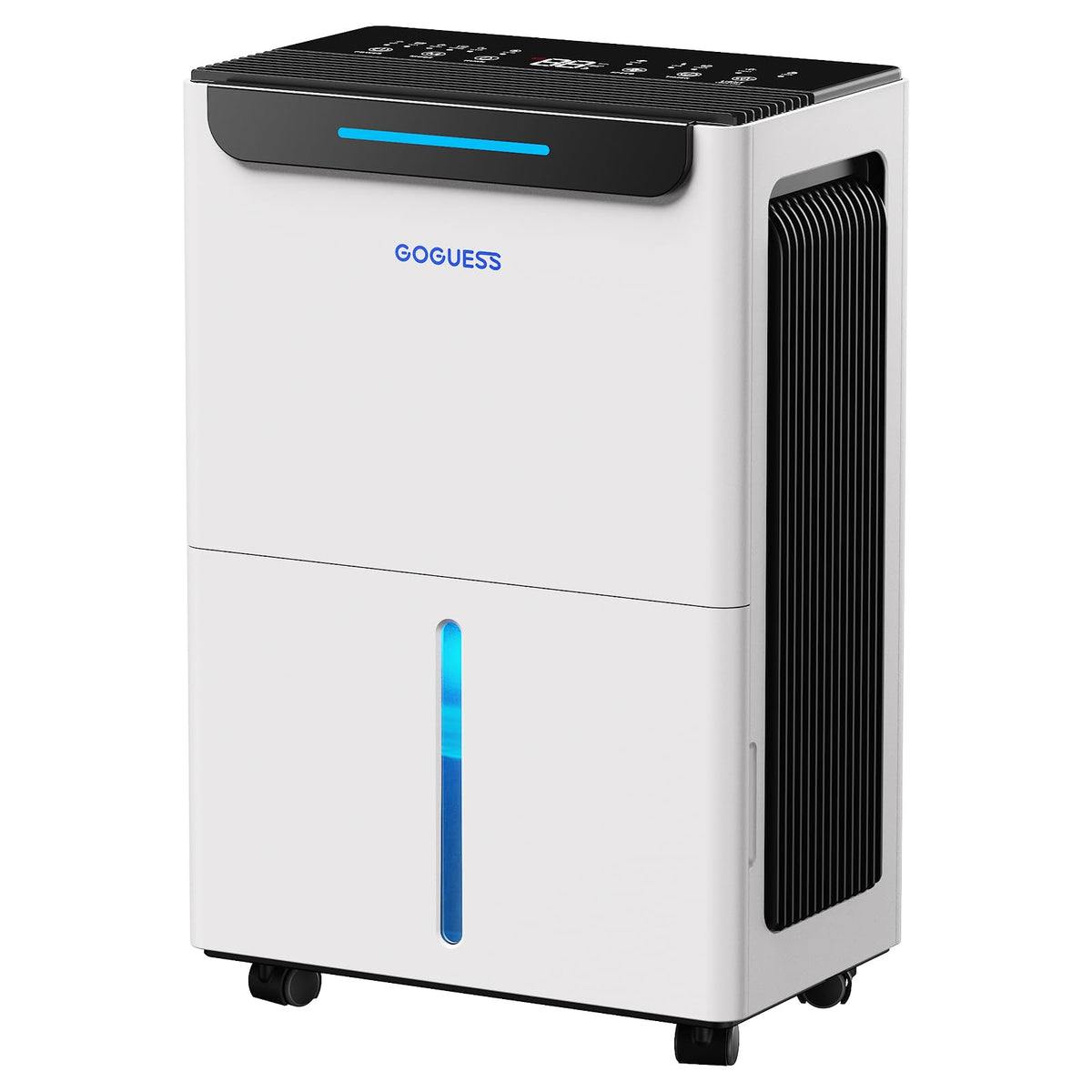 GoGuess basement dehumidifier showing 21-pint capacity for basement moisture control