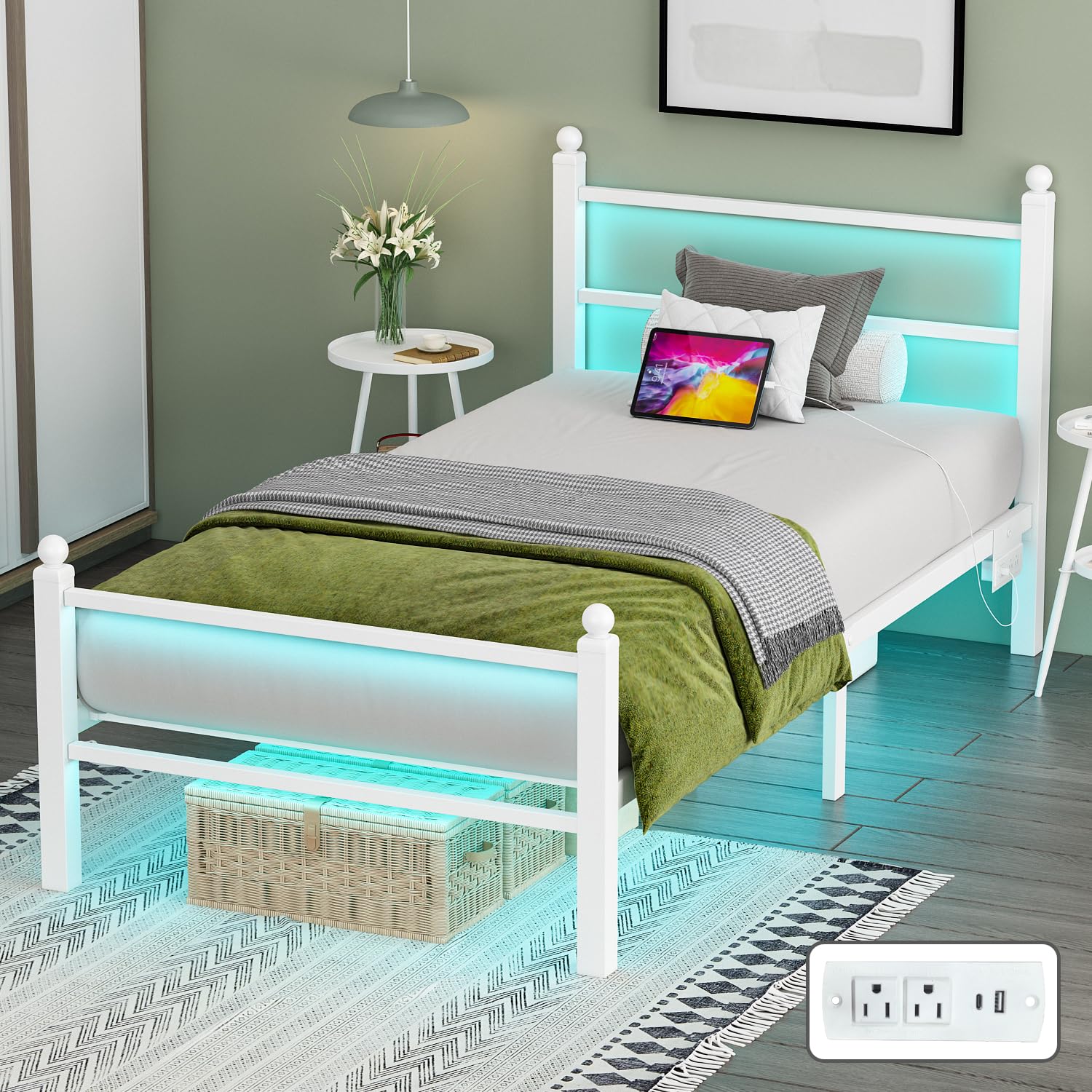 Gohapnis twin bed frame with white headboard suitable for lounging.