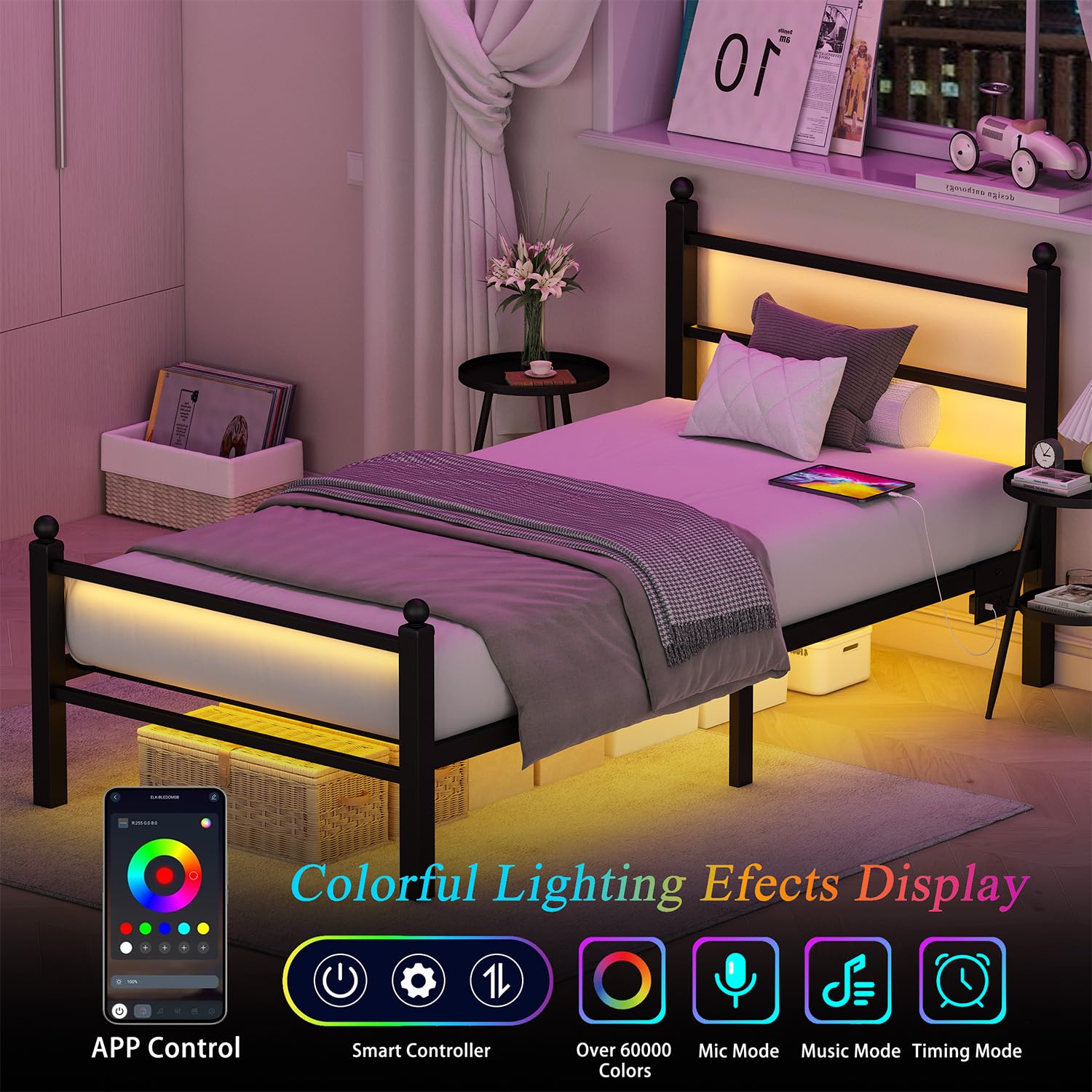 Gohapnis bed frame USB charging outlets for easy device power.