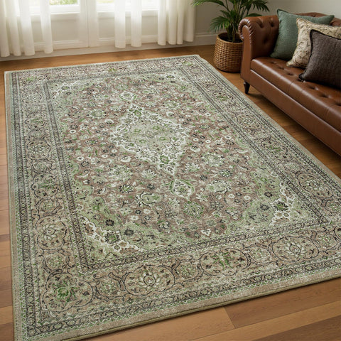Goideal 4x6 Sage Green Washable Rug closeup fiber highlights colorfast softness for everyday use.