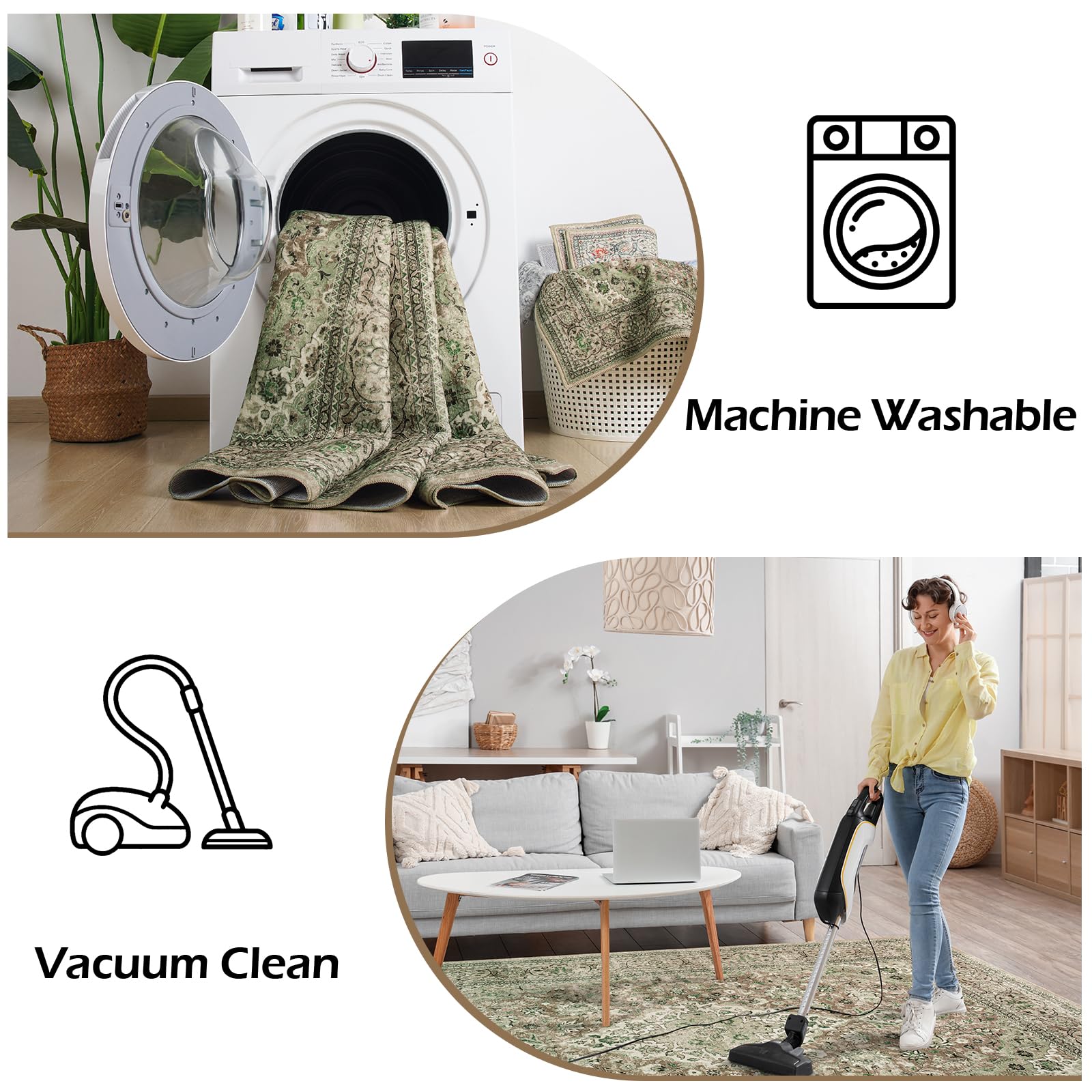 Goideal 4x6 Sage Green Washable Rug low pile makes vacuuming easy.