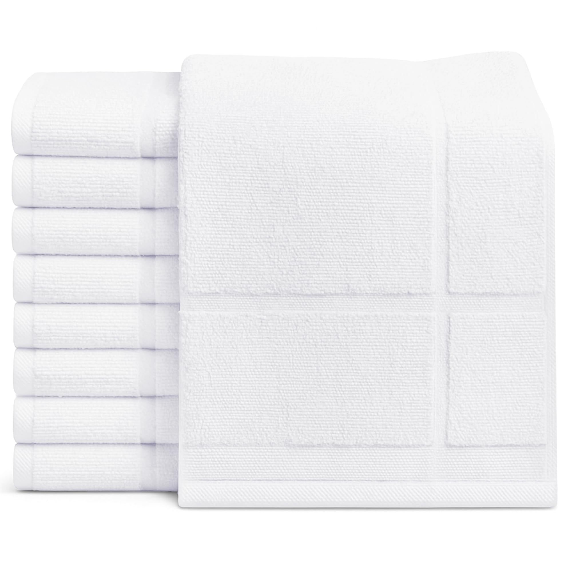 Gold Textiles 12-pack white bath mats, 20x30 inches, plush and quick-drying for hotels.