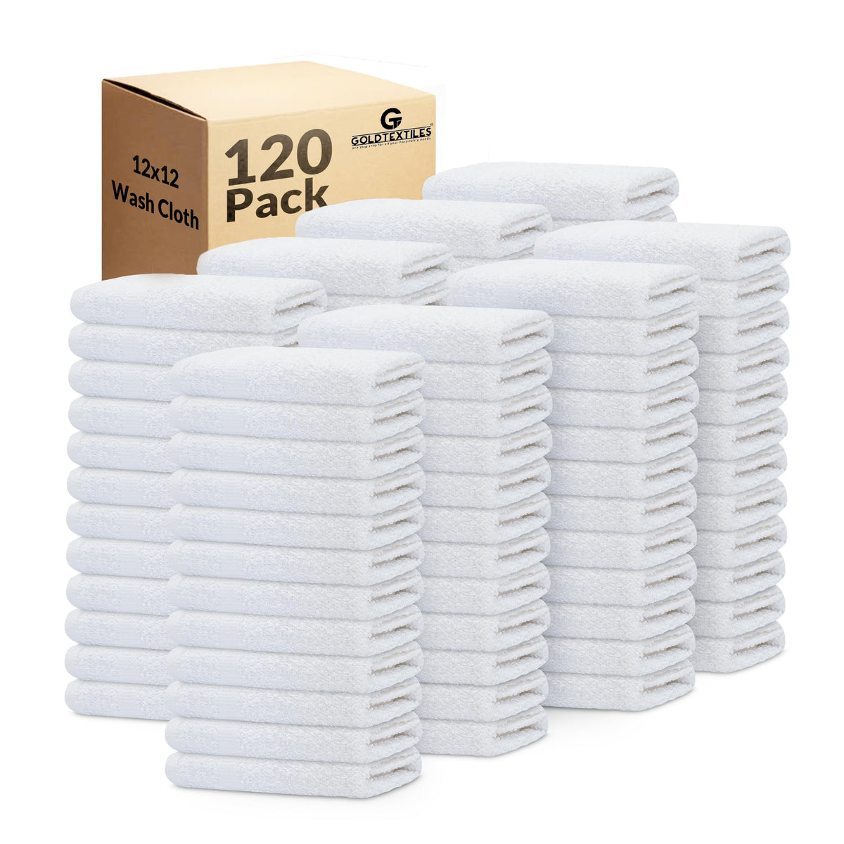 Gold Textiles 120-pack white washcloths, 12x12 inches, bulk option for kitchens or bathrooms.