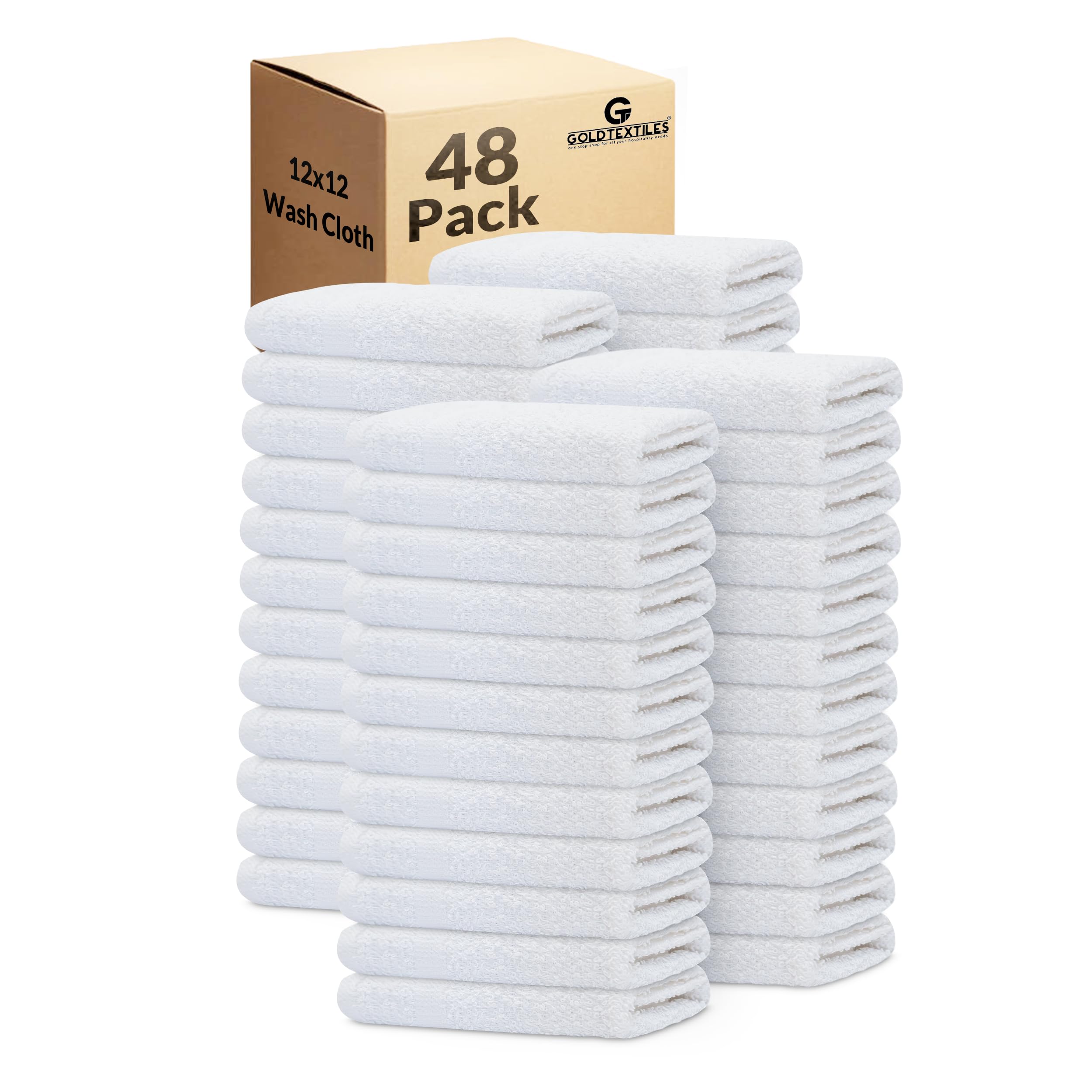 GOLD TEXTILES 48-pack white washcloths, 12x12 inches, bulk set for kitchen and bath