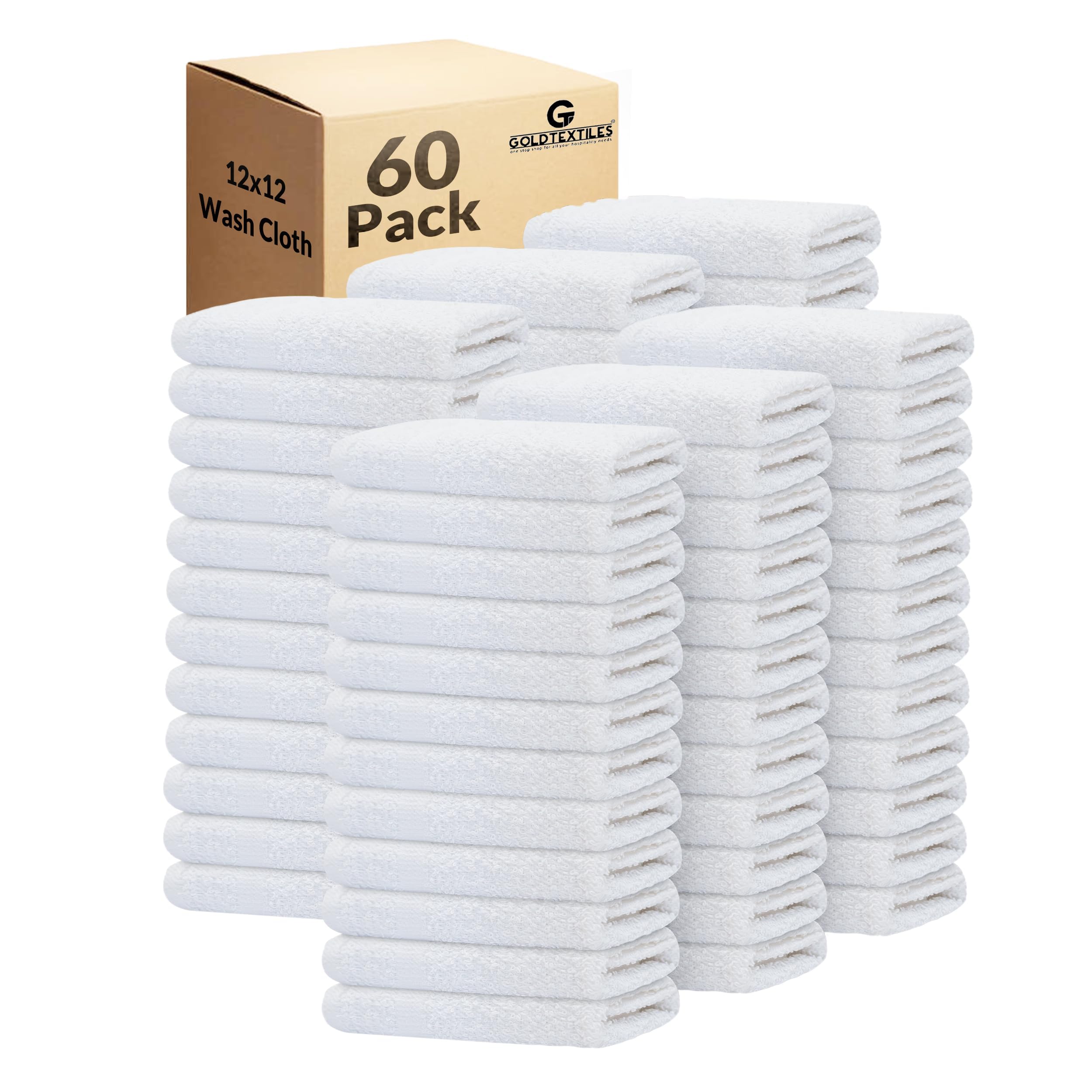 GOLD TEXTILES 60-pack washcloths, 12x12 inches, ideal for quick kitchen and bathroom cleanup.
