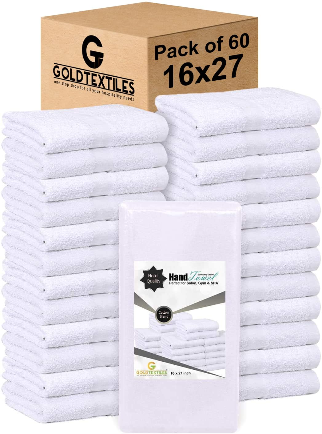 Gold Textiles white 16x27 towel bulk pack ready for spa and hotel use.