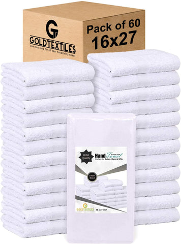 Gold Textiles white 16x27 towel bulk pack ready for spa and hotel use.