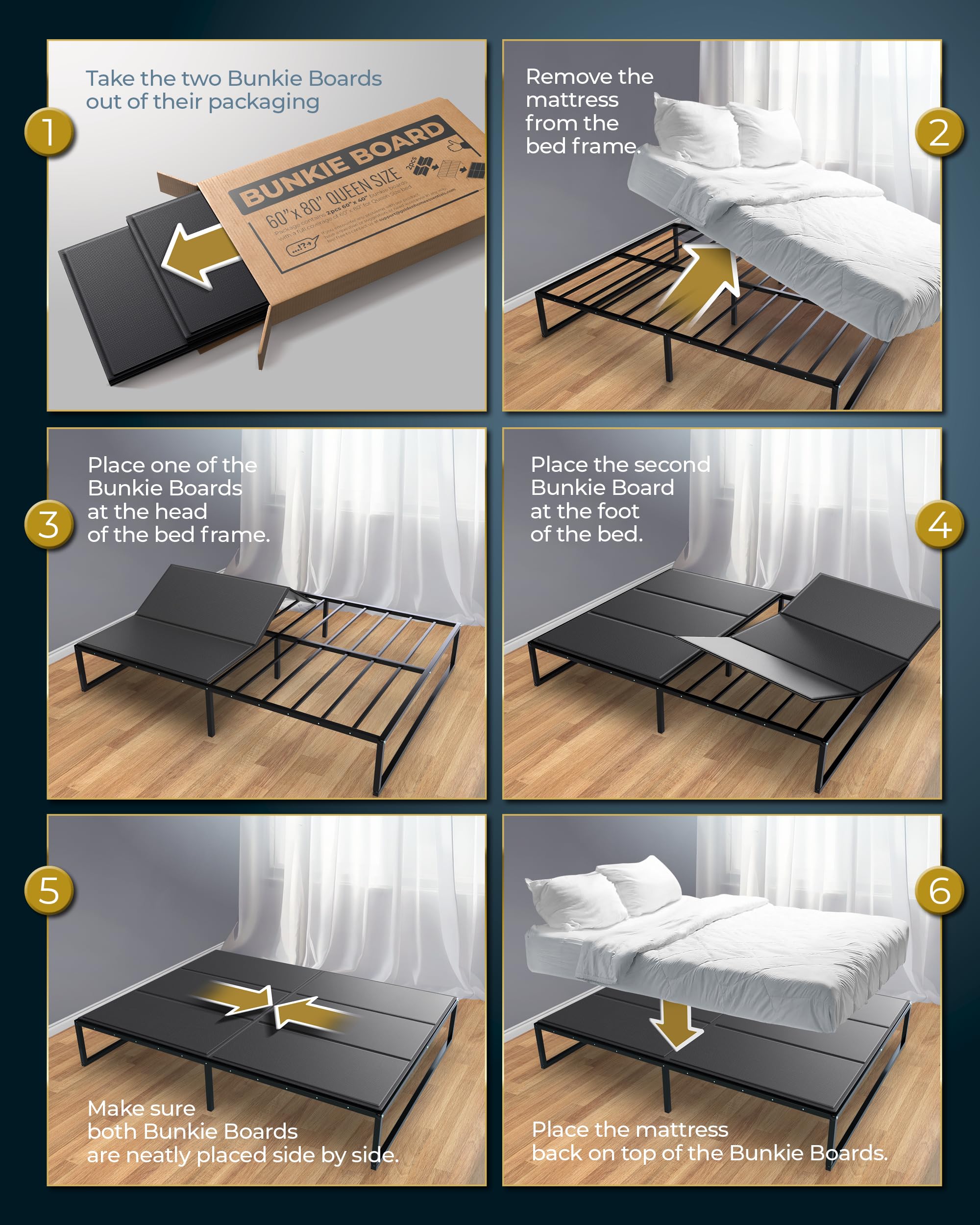 Golden Home Essentials bunkie board edge-clearance view keeps bedding aligned with the mattress.