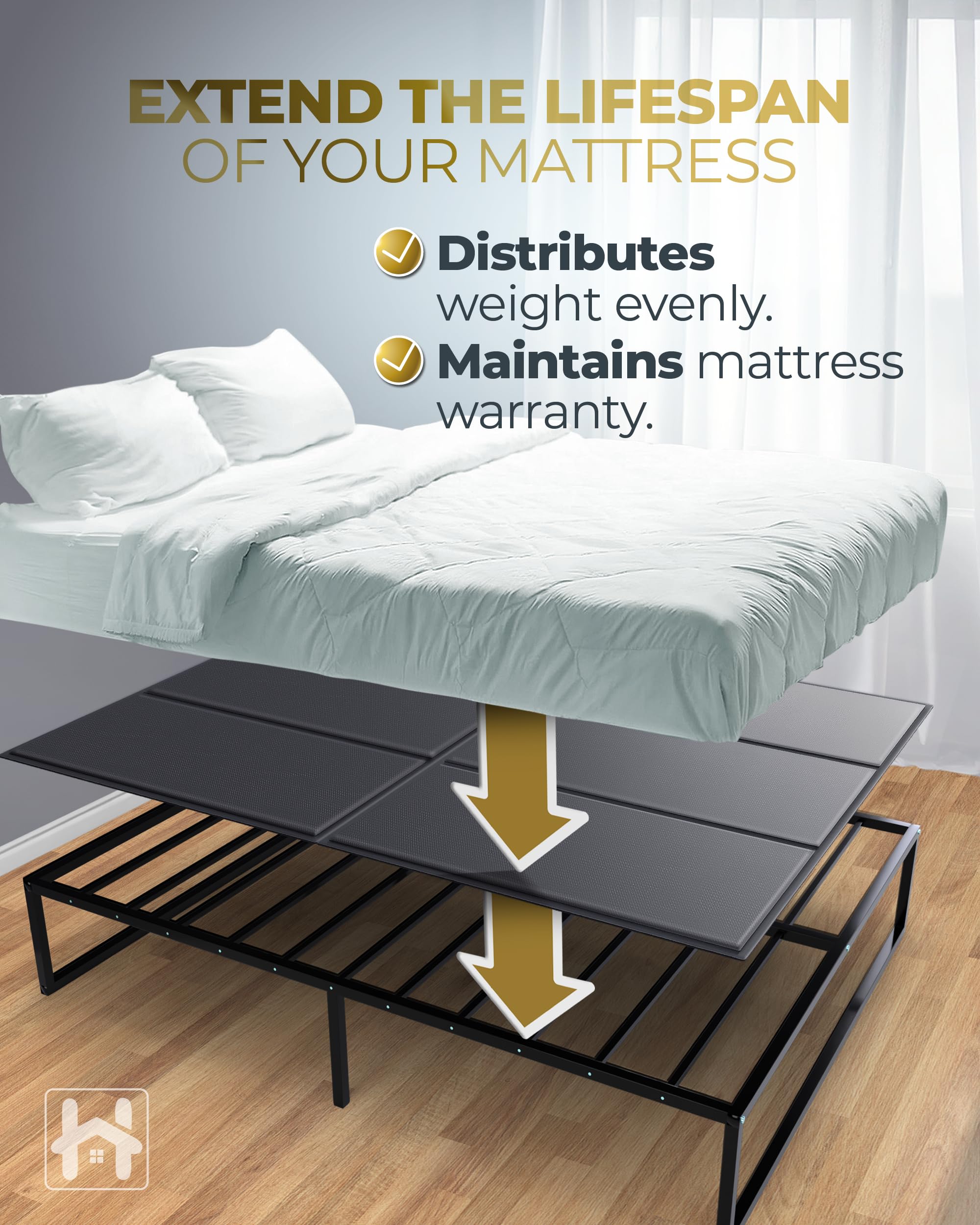 Golden Home Essentials bunkie board under-mattress view demonstrates sag reduction and shape preservation.