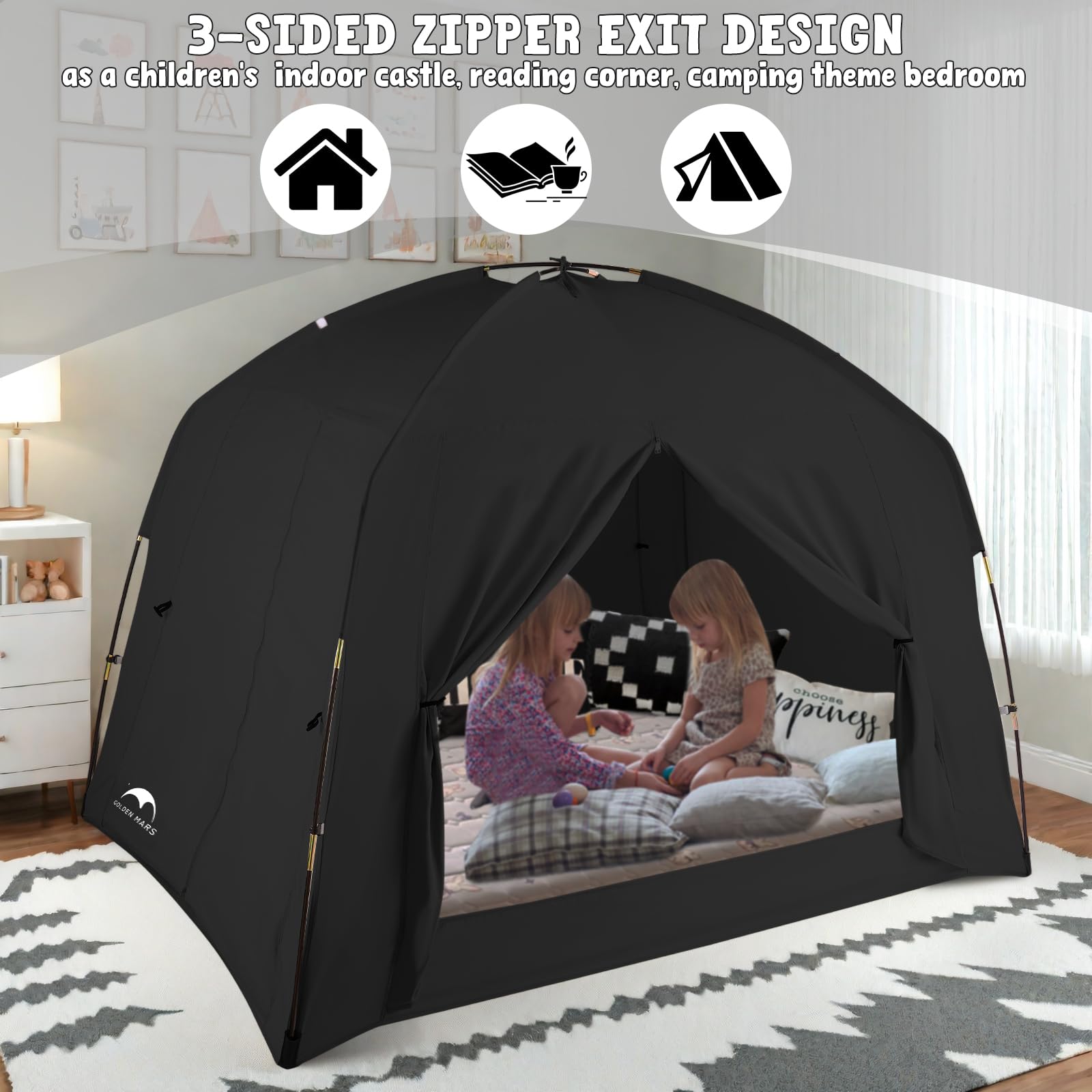 GOLDEN MARS bed tent offers multi-purpose use on bed, floor, or play area.
