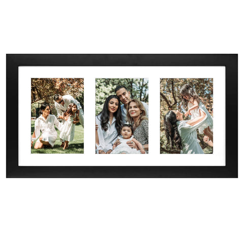 Golden State Art 9x18 black wood frame with white mat displaying three 5x7 photos clearly
