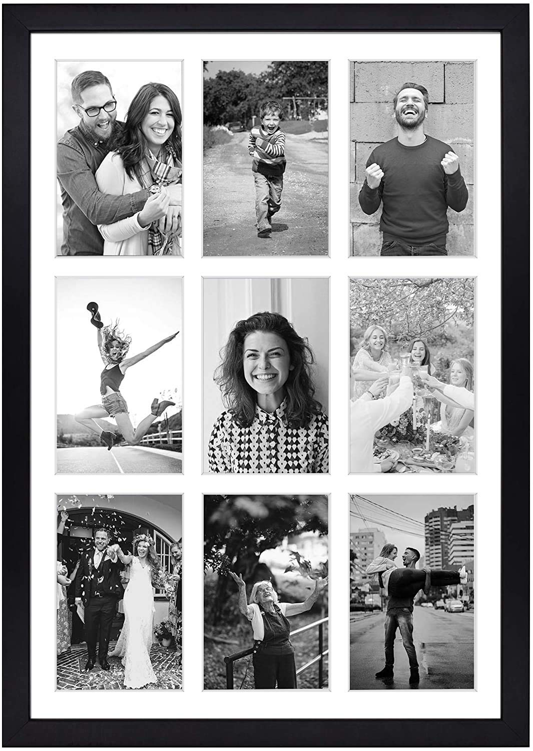 Golden State Art black wood collage frame front view shows nine 4x6 photos with white mats.