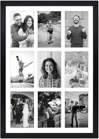 Golden State Art black wood collage frame front view shows nine 4x6 photos with white mats.