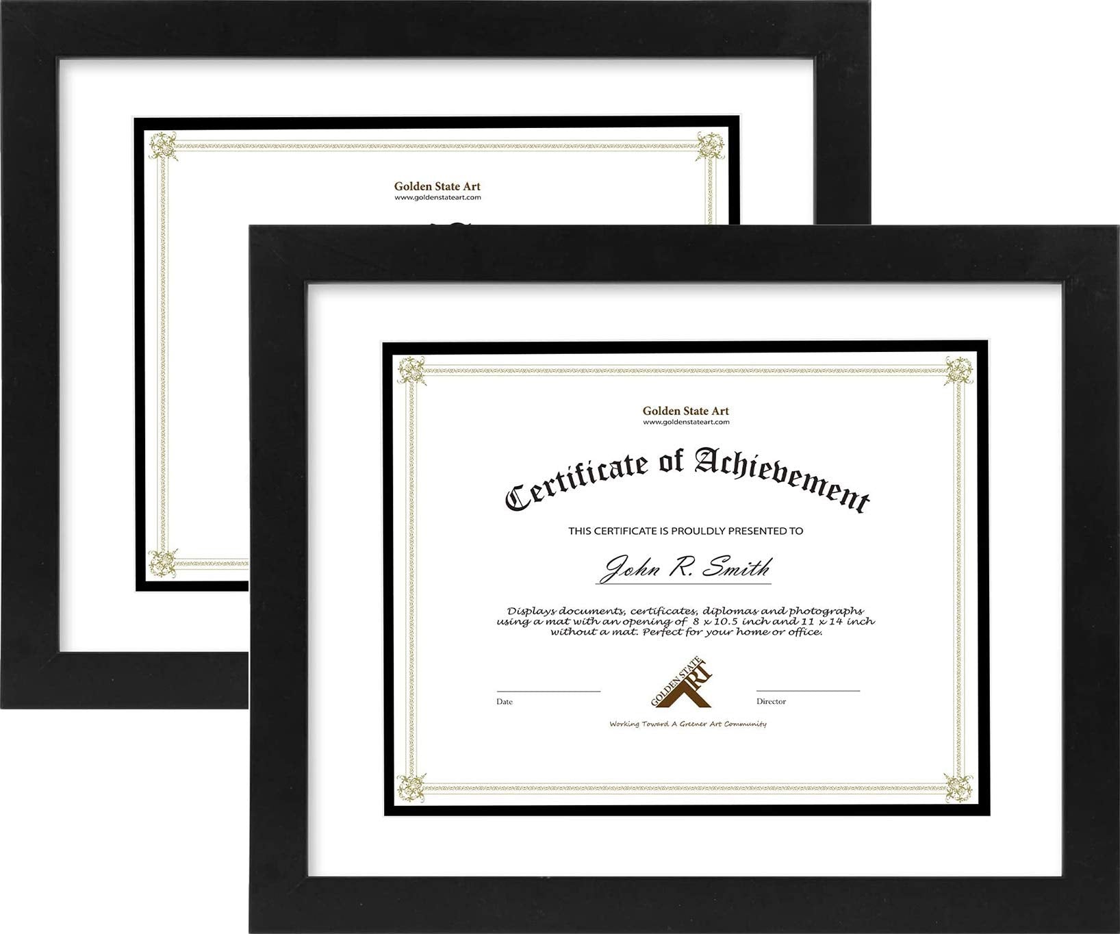 Golden State Art diploma frame front view in black with double mat for certificates