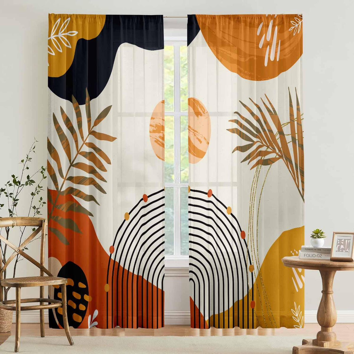 GOLDLAWN boho mid-century abstract leaves curtains in burnt orange and yellow add warm color to living room