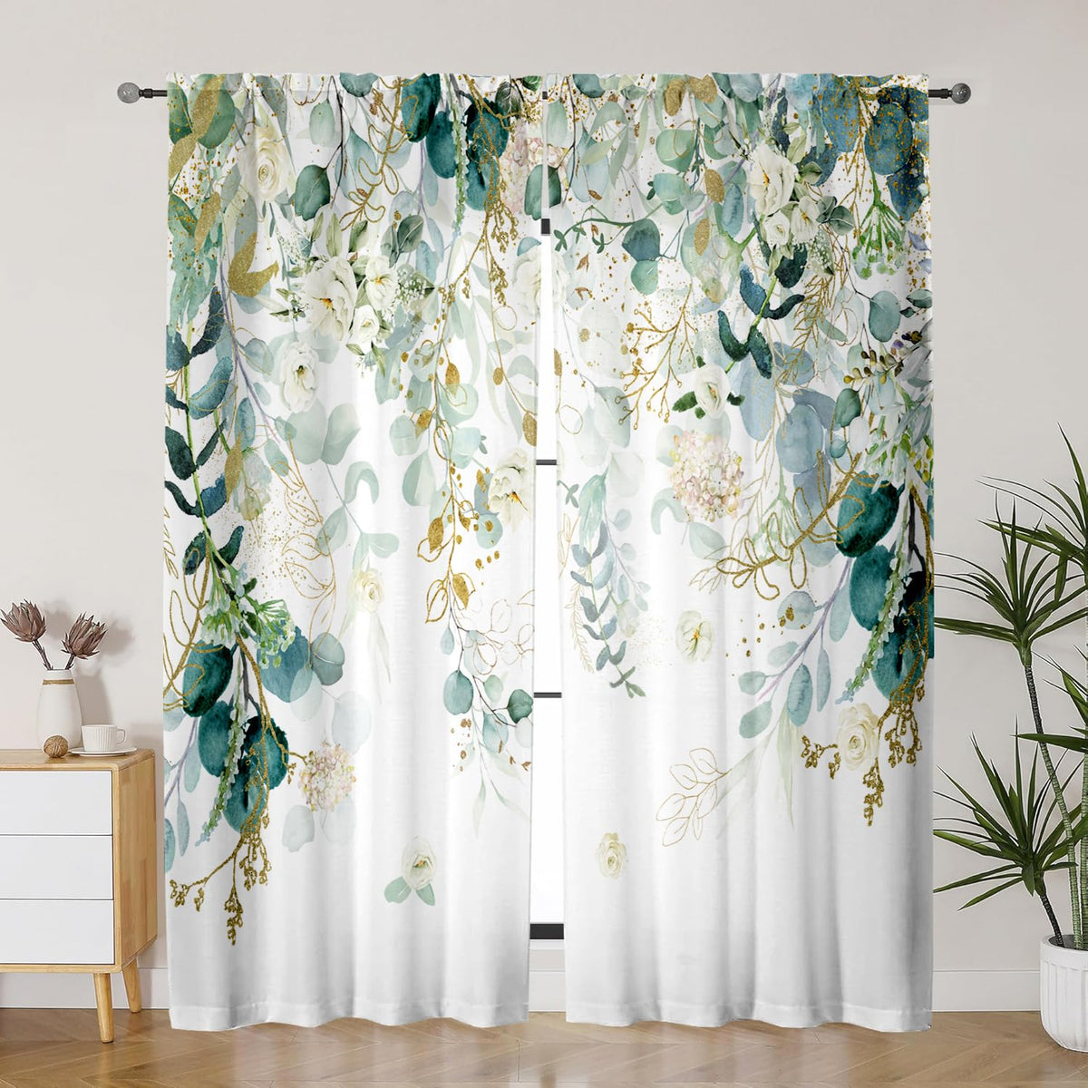 GOLDLAWN Gold Green Curtains with leaf pattern for a vibrant living room ambiance