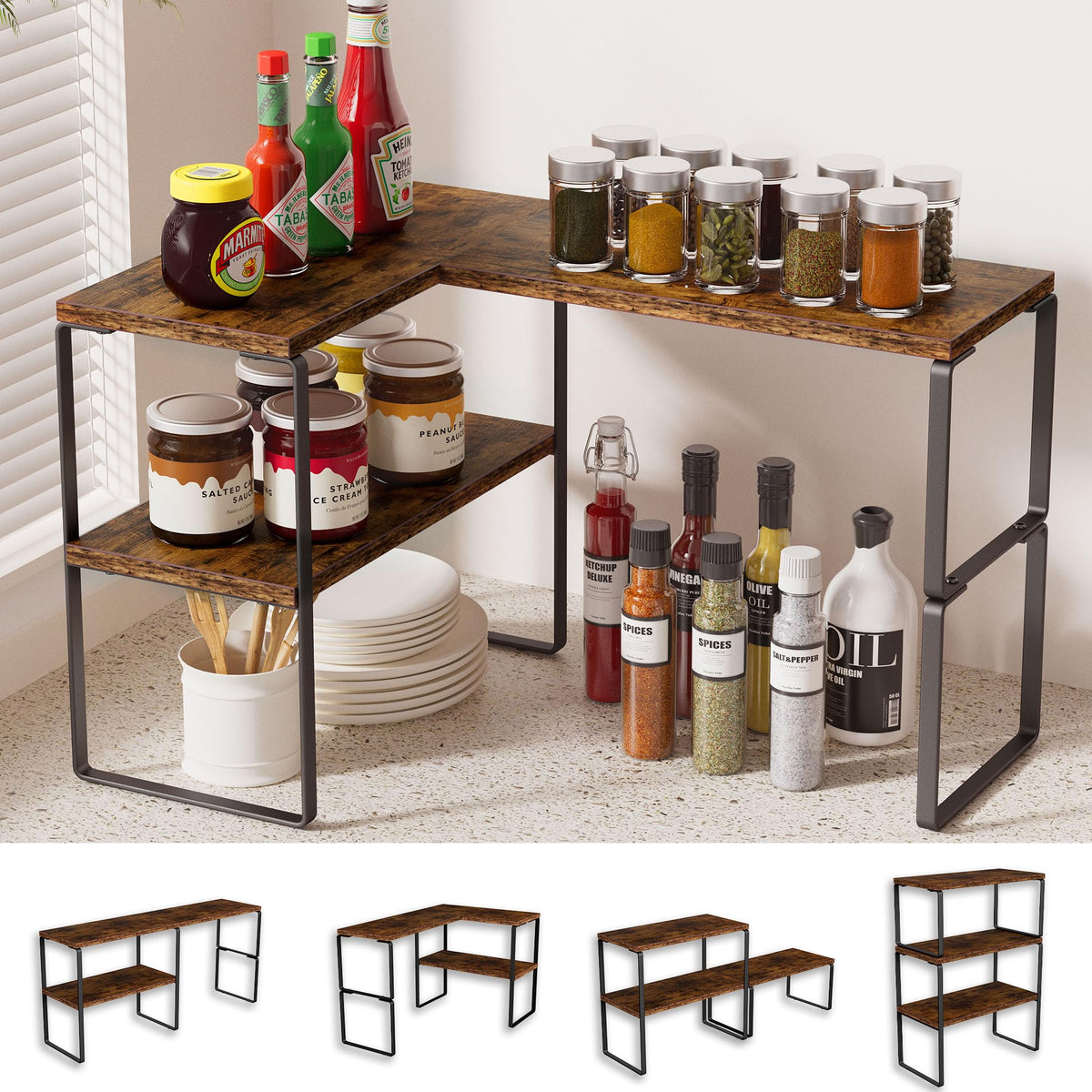 Golener counter top organizer corner shelf 2-tier in rustic brown for clutter-free countertops